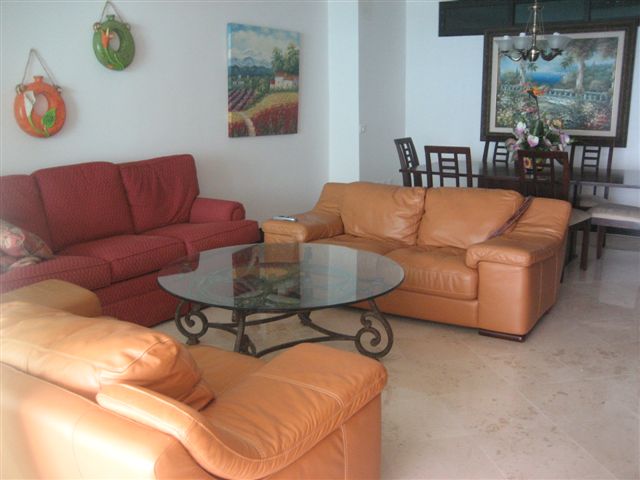 Another view of the extra large great room with contemporary furniture, ocean view and open to modern kitchen