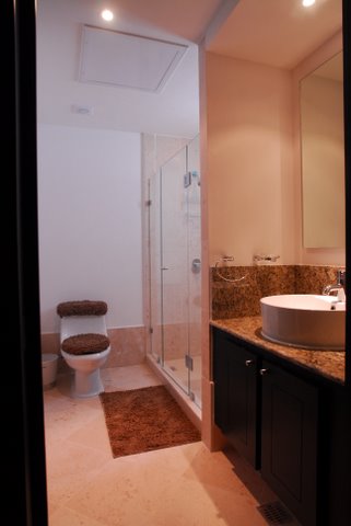 ultra luxury bathroom with sit down shower, granite conters, and fine porcelain tiles